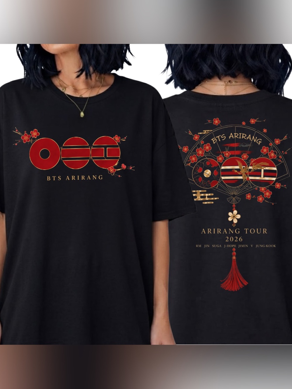 BTS Arirang Tour 2026 Red Plum Blossom Traditional K-Pop Vintage Black T-Shirt